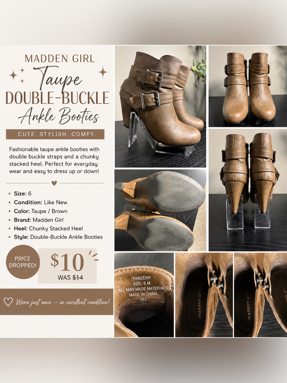 Madden Girl Taupe Double-Buckle Ankle Booties